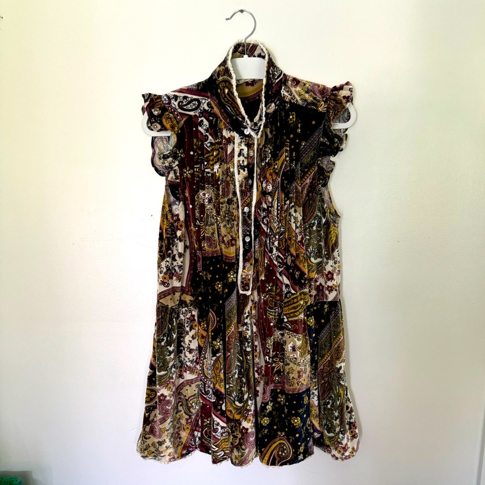 POL Fun and Funky Oversized Velvet Paisley Pleated Bodice Dress